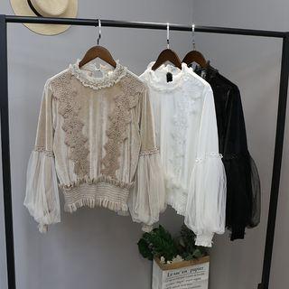 Lace Trim Balloon-sleeve Velvet Blouse