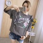 Lace Trim Printed Elbow-sleeve T-shirt