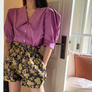 V-neck Lantern-sleeve Blouse Purple - One Size
