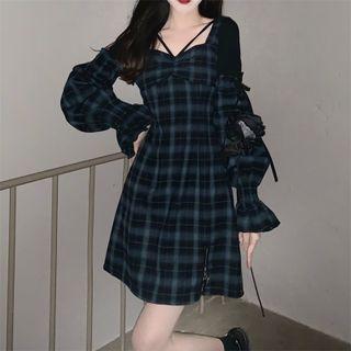 Long-sleeve Square-neck Plaid Mini A-line Dress