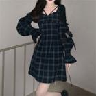 Long-sleeve Square-neck Plaid Mini A-line Dress