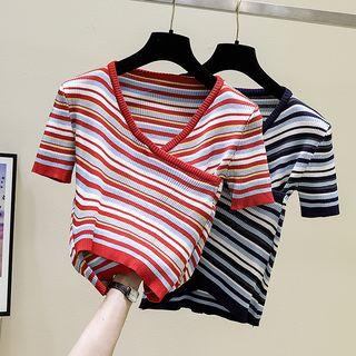 Short-sleeve Striped Crisscross Knit Top