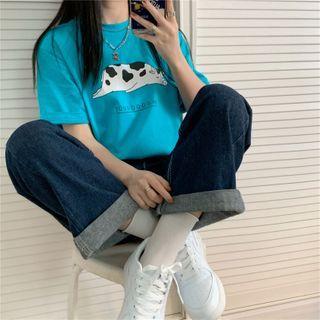 Short-sleeve Cow Print T-shirt Blue - One Size