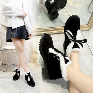 Furry Trim Block Heel Lace-up Shoes