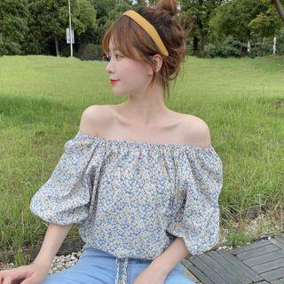 Bubble Sleeve Off-shoulder Floral Print Top