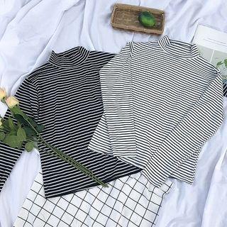 Color-block Striped Mock-neck Slim-fit Top