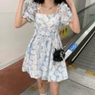 Puff-sleeve Floral Print Mini A-line Dress Sky Blue - One Size