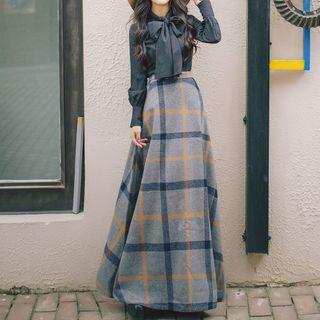 Long-sleeve Bow Accent Shirt / Maxi Skirt
