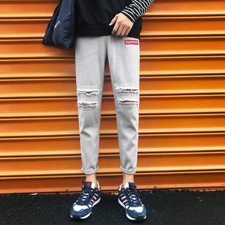 Drawstring Distressed Applique Slim-fit Pants