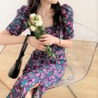 Floral Print Puff-sleeve Slit Maxi A-line Dress