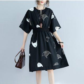 Elbow-sleeve Fish Print Midi A-line Dress Black - One Size
