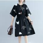 Elbow-sleeve Fish Print Midi A-line Dress Black - One Size