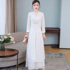 Short-sleeve Embroidered Cheongsam Top / Wide Leg Pants