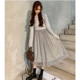 Mesh Overlay Long-sleeve A-line Dress