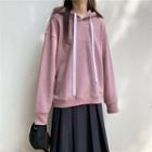 Plain Drawcord Long-sleeve Hooded Sweatshirt Purple - One Size