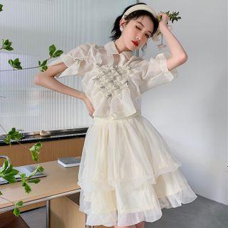 Short-sleeve Bow Mesh Blouse / Mini Skirt