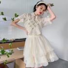 Short-sleeve Bow Mesh Blouse / Mini Skirt