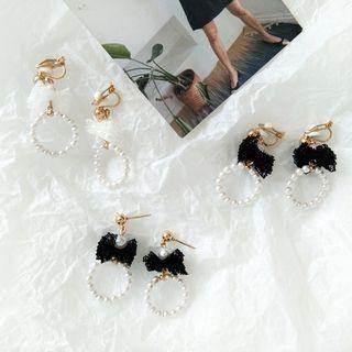 Faux Pearl Lace Bow Hoop Earring