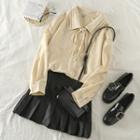 Bow-accent Long-sleeve Blouse / Pleated Skirt
