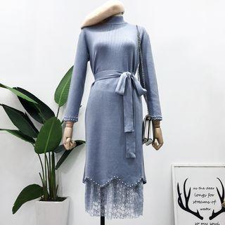 Set: Faux Pearl-trim Knit Dress With Sash + Slipskirt