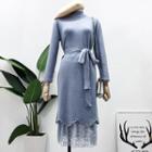 Set: Faux Pearl-trim Knit Dress With Sash + Slipskirt