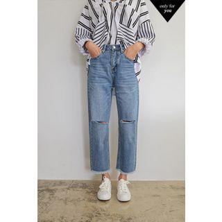 Distressed-detail Straight-cut Jeans