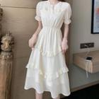 Balloon-sleeve Dotted Midi Chiffon Dress
