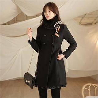 Tall Size Wool Blend Coat With Faux-fur Scarf