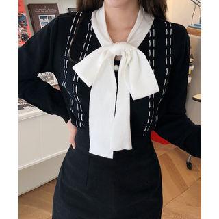 Tie-neck Contrast-trim Cardigan Black - One Size