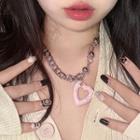 Heart Acrylic Pendant Alloy Necklace 1pc - Hm0853 - Silver & Pink - One Size