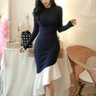 Long-sleeve Asymmetrical Hem Sheath Dress