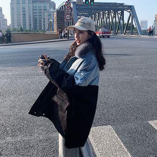 Denim Panel Furry-collar Zipped Jacket
