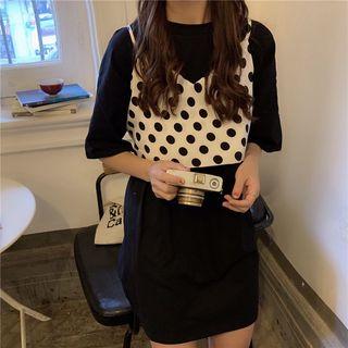 Set: Crew-neck Elbow-sleeve T-shirt + Dotted Camisole Top