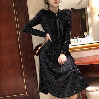 Sequined Long-sleeve A-line Dress Black - One Size