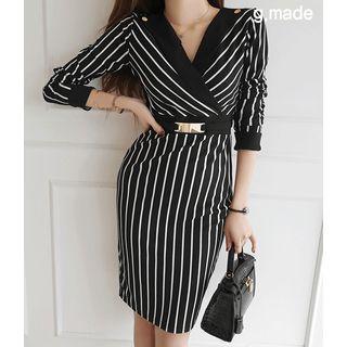 Wrap-front Buckled Striped Sheath Dress