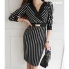 Wrap-front Buckled Striped Sheath Dress