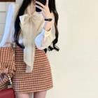 Tie-neck Blouse / Houndstooth Jacket / Mini A-line Skirt