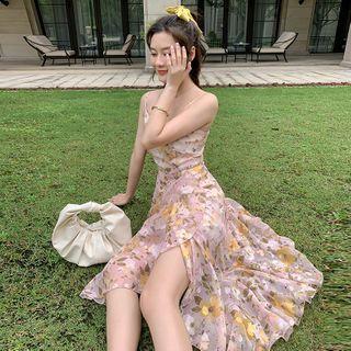 Spaghetti Strap Floral Ruffle Trim Midi A-line Dress