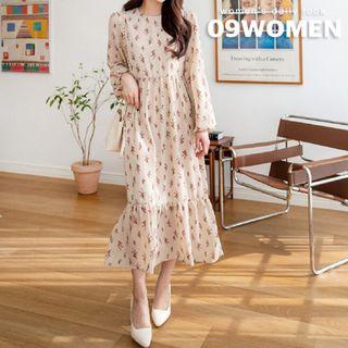 Bishop-sleeve Frill-hem Maxi Floral Dress