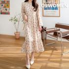 Bishop-sleeve Frill-hem Maxi Floral Dress