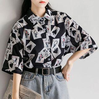 3/4-sleeve Poker Card Print Shirt