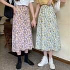 Elastic-waist Floral Midi A-line Skirt
