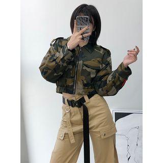Epaulette-shoulder Camouflage Crop Jacket