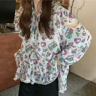 Cartoon Print Cutout Shirt Purple & Green Printed - White - One Size