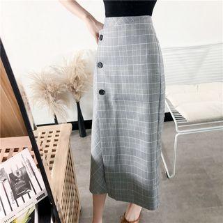 Plaid Midi Straight-fit Skirt Plaid - Gray - S