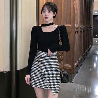 Long-sleeve Halter Top / Houndstooth Mini Pencil Skirt