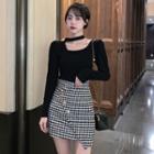 Long-sleeve Halter Top / Houndstooth Mini Pencil Skirt