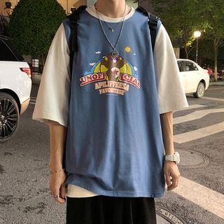 Mock Two Piece Bear Printed Short-sleeve T-shirt