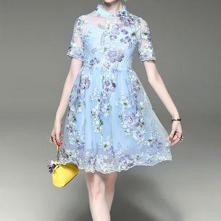 Set: Embroidered Sheer Short-sleeve Dress + Strappy Dress