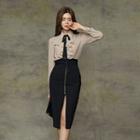 Ribbon Ruffled Blouse / Zipped Midi Skirt